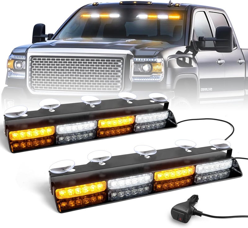 HLauto 6Z4J Emergency Dash Strobe Lights: 2x16.8 inch Amber White Safety Lights, 48 LED Flashing Warning Hazard Interior Windshield Visor Traffic Light Bars for Trucks, Construction Vehicles - Image 1